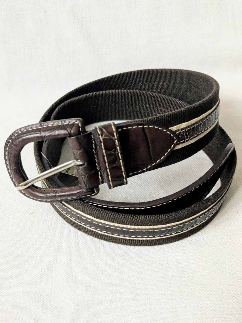 Paul Stuart Mens Brown Leather Canvas Belt White Stitching 36